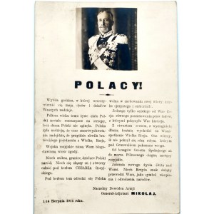 Pohľadnica - Vyhlásenie kniežaťa Nikolaja Romanova (1856-1929) k Poliakom - 1914