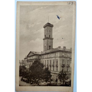 Pocztówka - Lwów Rynek, ratusz - 1928 - Adres Koszary Cieszyn - 4 Pułk Strzelców Podhalańskich