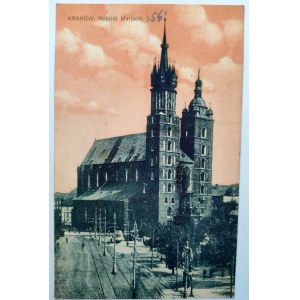 Pocztówka - Kraków. Kościół Marjacki - Tramwaj
