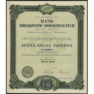 Poľsko, akcie na meno za 500 zlotých, 1929, Varšava