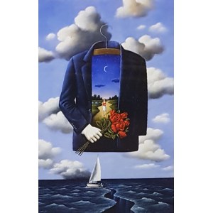 Rafal Olbinski, Composition with jacket, bouquet of roses and boat on water