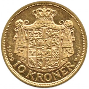 Dania, Fryderyk VIII, 10 koron 1909 VBP, Kopenhaga, UNC