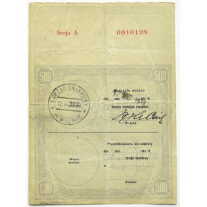 II RP, Assignment for 500 zloty series B, Vilnius, VERY RARE