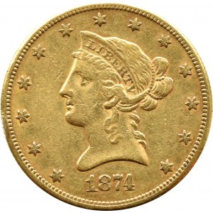 USA, Eagle, $10 1874 CC, Carson City, VELMI ZRADKÉ