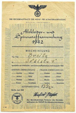Germany, Third Reich, Spendenschein 1942
