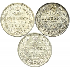 Rosja, Mikołaj II, lot 10 kopiejek 1911-1913, Petersburg, piękne!