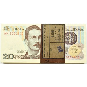 Polska, PRL, paczka bankowa 20 złotych 1982, Warszawa, seria AH, UNC