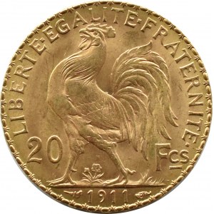 France, Republic, Rooster, 20 francs 1911, Paris, UNC