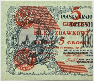 Poland, Second Republic, pass ticket 5 pennies 1924, left half, PMG 66 EPQ