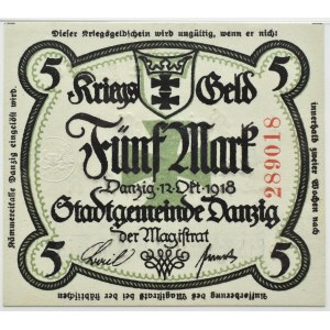 Wolne Miasto Gdańsk, 5 marek 1918 dwukrotnie nadruk Ungültig, PMG 64