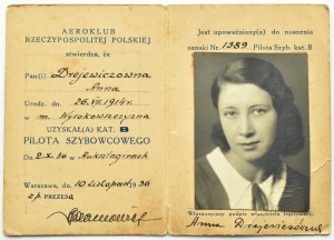 The Second Republic of Poland, card for a Class B glider pilot badge from 1936