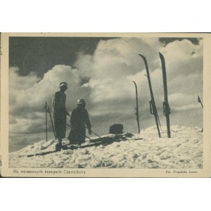 Czarnochora - Auf dem Frühlingsschnee von Czarnohora, Stempel des P.T.T.-Schutzhauses auf Zaroślak pod Howorla, Olivendruck, ca. 1930,