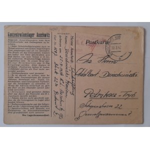 Karta pocztowa wysłana z obozu koncentracyjnego Auschwitz 30.03.1942 r.