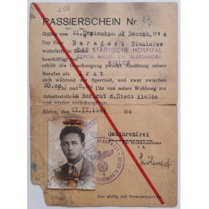 Passierschein č. 29 (preukaz) vydaný Mestskou nemocnicou v Kielcach na meno Baranski Stanislaw
