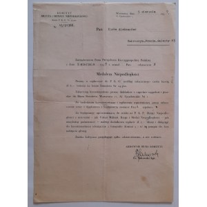 Dopis Výboru pro kříž nezávislosti a medaile