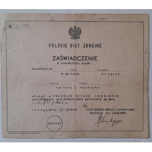 Certificate of the Polish Armed Forces on the completion of service by Rudolf Okolus