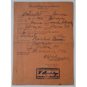 Dowód pracy wydany Zakład Fotograficzny W.Popieleckiego w Jędrzejowie na nazwisko Schindler Janina Jędrzejów