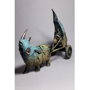 D.Z., Kočár s nosorožcem (bronz, šířka 52 cm)
