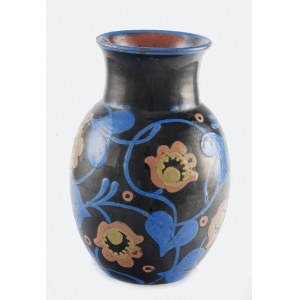 Steffisburg (Szwajcaria)? - ceramika autorska, Wazonik z dekoracją gałązkami beżowo - niebieskich kwiatów