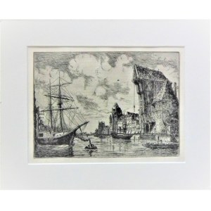 old etching,By the Motlawa River in Gdansk