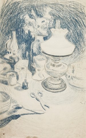 Stanisław KAMOCKI (1875-1944), Martwa natura z lampą naftową, nożyczkami i naczyniami stołowymi, [ok. 1895]