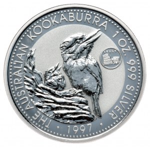 Australia, Kookaburra, 1997, 1 oz, uncja Ag 999, Privy Mark Włochy, nakład zaledwie 5 tys.