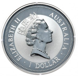 Australia, Kookaburra, 1997, 1 oz, uncja Ag 999, Privy Mark Włochy, nakład zaledwie 5 tys.