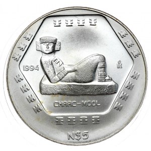 Mexiko, 5 nových pesos 1994, Chaac Mool, 1 oz, Ag 999