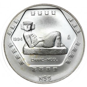 Meksyk, 5 nowych pesos 1994, Chaac Mool, 1 oz, Ag 999