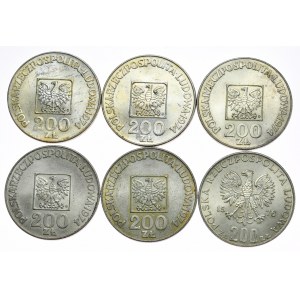 People's Republic of Poland, Set of 5 x 200 zloty 1974 map (XXX years of the People's Republic of Poland) and 1 x 200 zloty 1976 Olympics - total of 6 pcs.