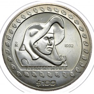 Mexiko, $100 1992, Aztekenkrieger, Unze, 1 Unze Ag 999