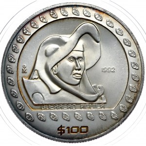 Mexiko, 100 dolarů 1992, aztécký bojovník, unce, 1 oz Ag 999