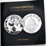 Čína, panda 2021, 30 g Ag 999, privátna značka a certifikát, náklad iba 5 000 kusov.