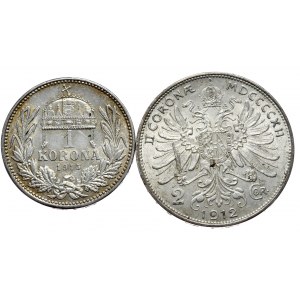 Ungarn, 1 Krone 1915, Österreich, 2 Kronen 1912 - Satz mit 2 Stück.