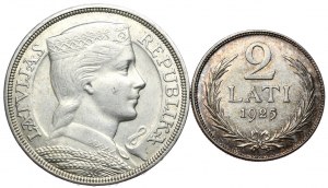 Łotwa, 5 łati 1929 i 2 łati 1925 - zestaw 2 szt.