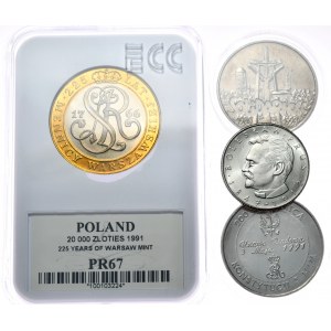 Set of 4 coins - 20,000 zloty -1991, 225 years of the Warsaw Mint, 10 zloty 1975 Prussia, 10000 zloty 1990 Solidarity and 10000 zloty 1991 Constitution
