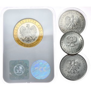 Satz von 4 Münzen - 20 000 Zloty -1991, 225 Jahre Warschauer Münze, 10 Zloty 1975 Prus, 10000 Zloty 1990 Solidarität und 10000 Zloty 1991 Verfassung