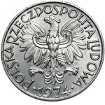 PRL, 5 złotych 1974, Rybak, trawka przy nominale i przy lewym bucie. Rzadkość