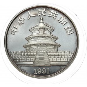 Chiny, 10 yuanów 1991 panda, 1 oz Ag 999, w kapslu