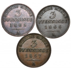 Niemcy, Prusy, zestaw 3 monet 3-fenigowych 1865, 1866, 1867 A, Berlin
