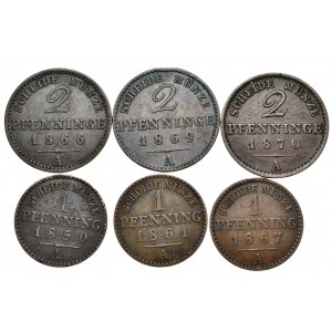 Niemcy, Prusy, zestaw 6 monet 2 i 1-fenigowych 1850-1870 A, Berlin