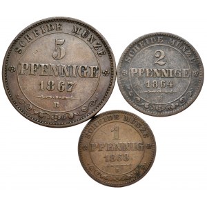Niemcy, Saksonia, zestaw 3 monet miedzianych 5,2 i 1 fenig 1864-1868