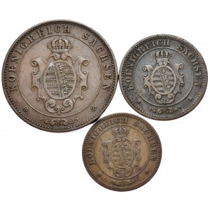 Niemcy, Saksonia, zestaw 3 monet miedzianych 5,2 i 1 fenig 1864-1868