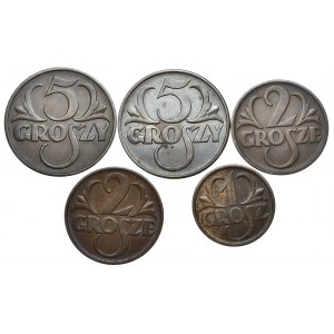 Zestaw 5 grosze , 2 grosze i 1 grosz, 1936-1939, Warszawa, razem 5 sztuk