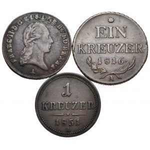 Austria, zestaw 3 miedzianych monet 1 krajcarowych 1800-1851
