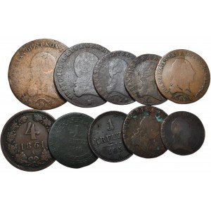 Austria, zestaw 10 miedzianych monet z lat 1781-1861, od 1/2 do 6 krajcarów