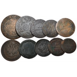 Austria, zestaw 10 miedzianych monet z lat 1781-1861, od 1/2 do 6 krajcarów