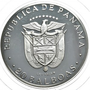 Panama, 20 Balboas, 1972r. Proof, 129,6g, Ag 999 w oryginalnym pudełku