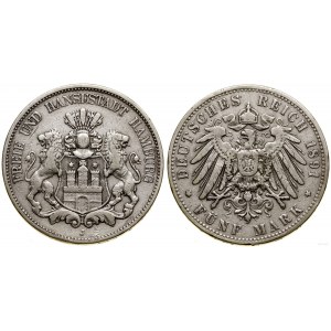 Niemcy, 5 marek, 1891 J, Hamburg