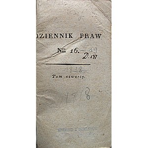 DZIENNIK PRAW. Tom IV. Nr 16, 17, 18, 19. [W-wa 1818]. Format 11/18 cm. Opr. introlig. ppłtn., lniane...